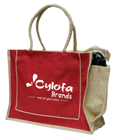 Branded jute tote bag with water bottle