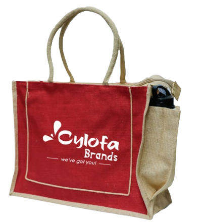 Branded jute tote bag with water bottle